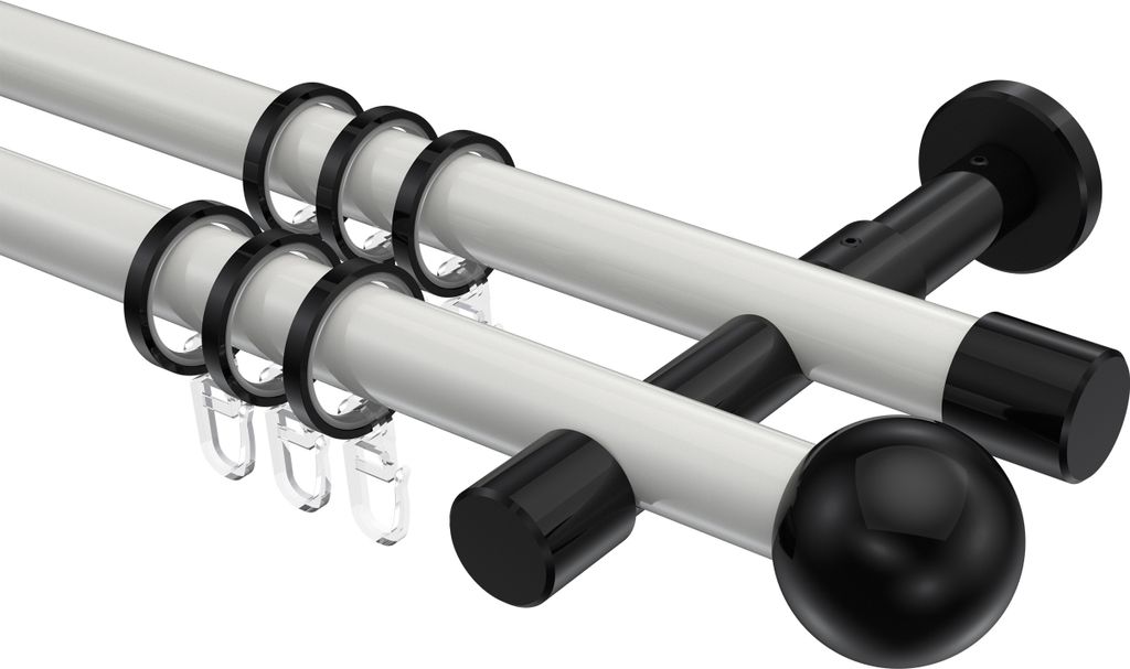 Interdeco Gardinenstange / Vorhangstange Weiß / Schwarz, Typ Prestige Luino (Kugel), 20 mm Ø 2-läufig, 320 cm