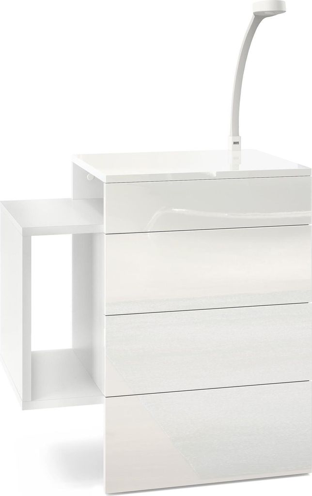 Vladon Nachttisch Queens, Germany, Nachttischschrank mit 2 Schubladen und 1 seitlichem Fach zur Wandmontage, Weiß matt/Weiß Hochglanz, inkl. LED ...