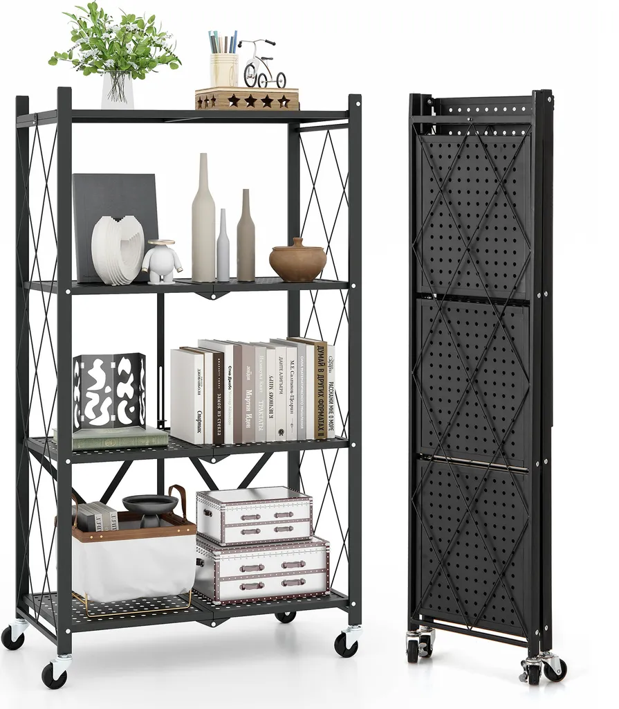 COSTWAY Mobiletto Cucina Pieghevole 4 Ripiani | Organizer Nero su Ruote