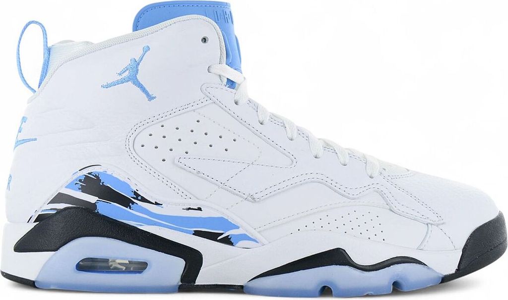 A side view of a white and blue basketball sneaker.