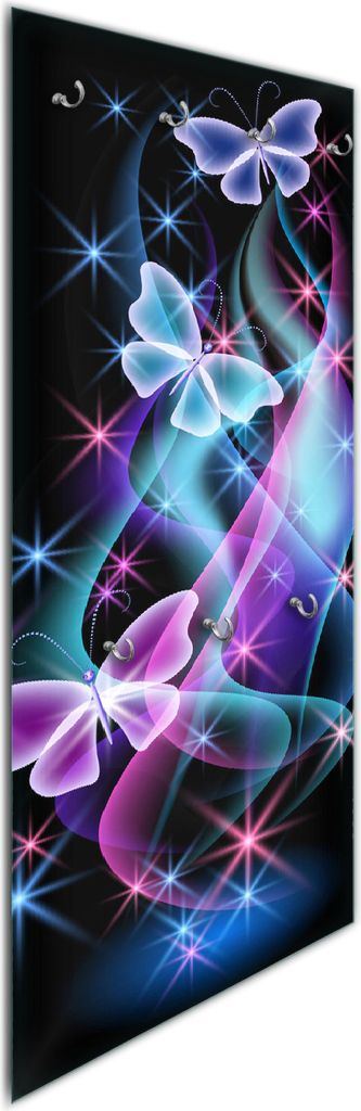 Wallario Flurgarderobe Wandgarderobe aus Glas, mit 7 Haken, Größe 50 x 125 cm, Motiv Schmetterlinge in bunten, strahlenden Farben