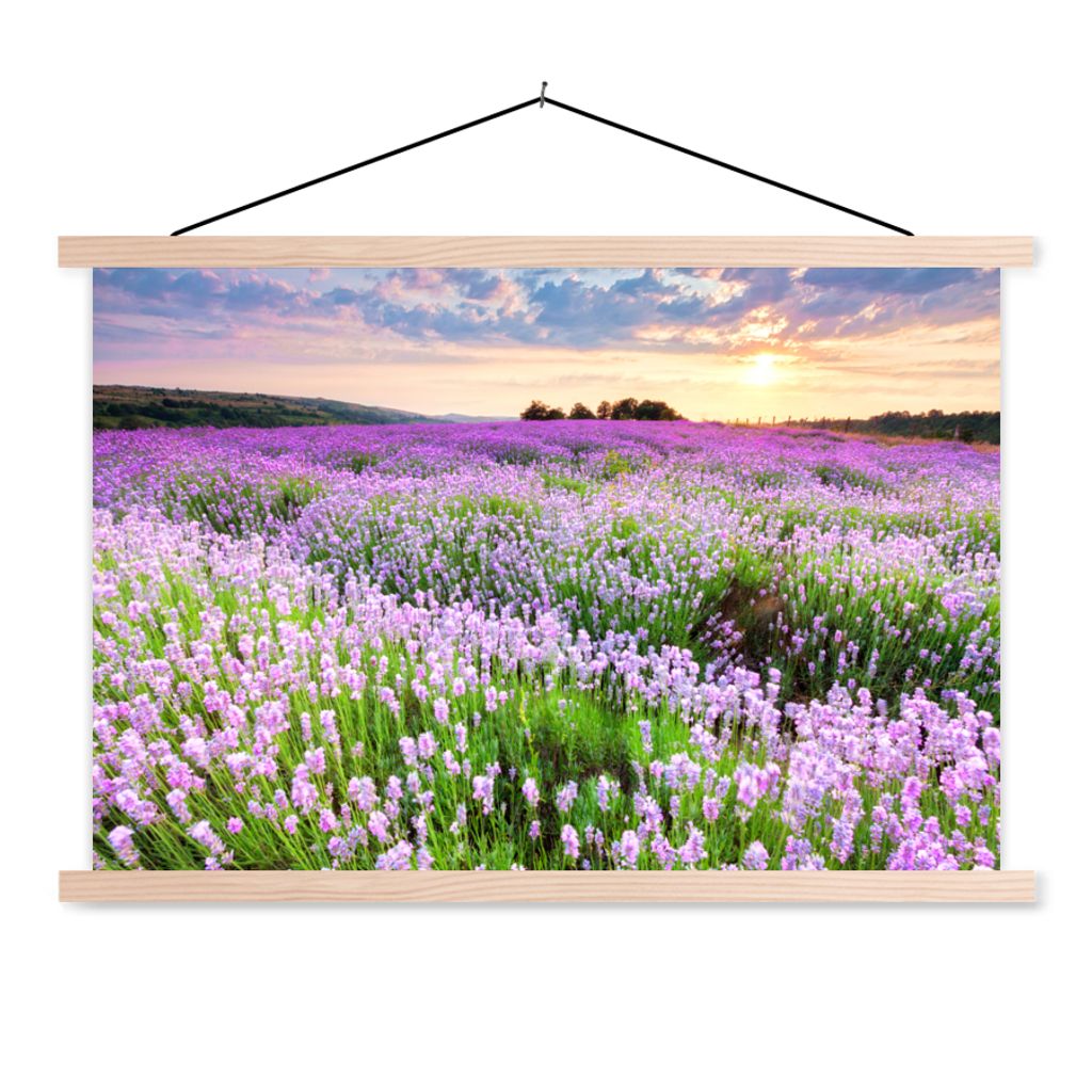 MuchoWow Textilposter Blumen - Lavendel - Lila - Himmel - Sonnenuntergang - Wiese - Natur 120x80 cm mit holzfarbenen Rahmen - Aufhängeset