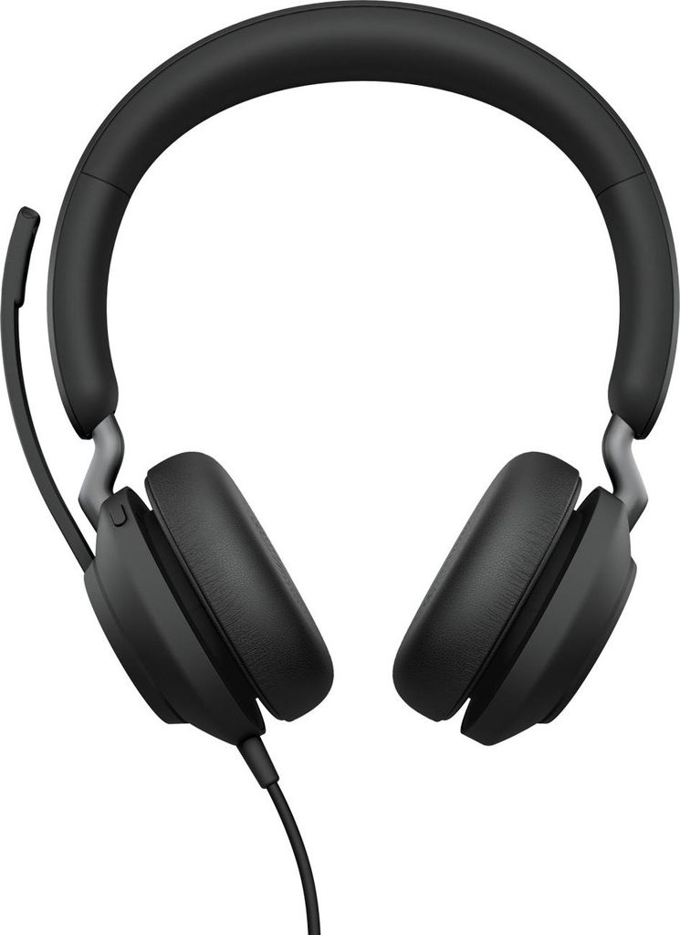 A studio shot of a black headset against a white background.