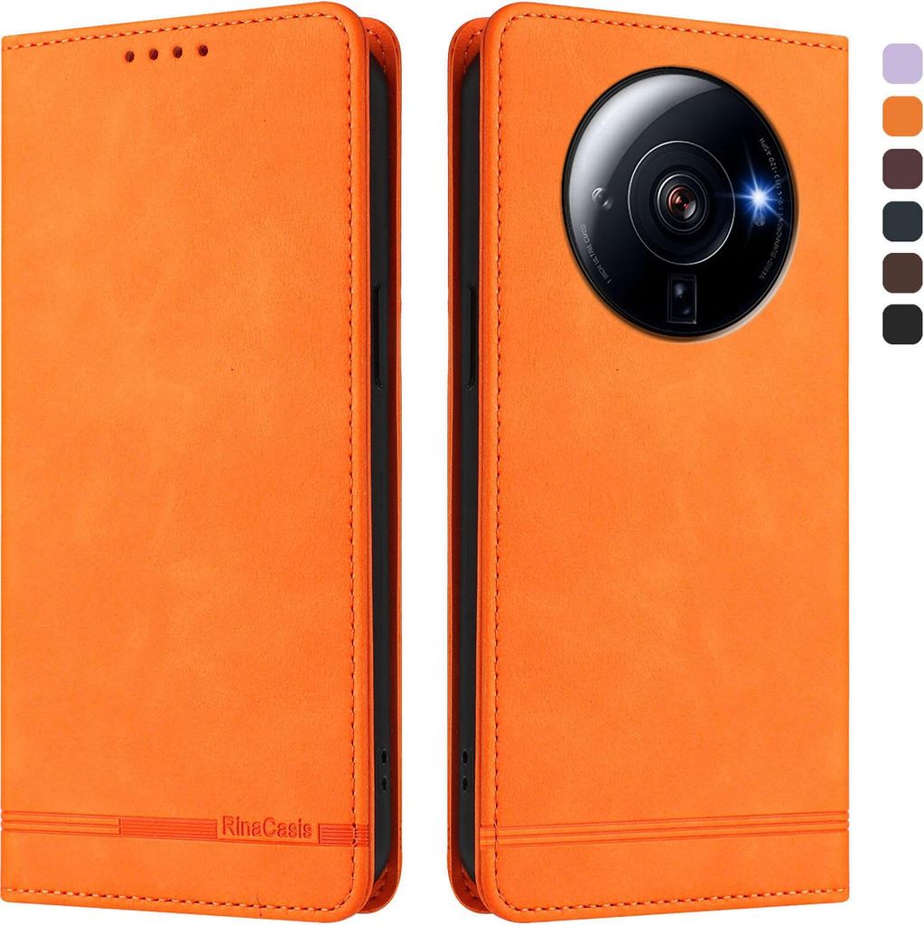 Hülle für Xiaomi 12S Ultra, Retro Kunstleder Ständer Klapphülle mit Kartenfächer und Magnetische Orange