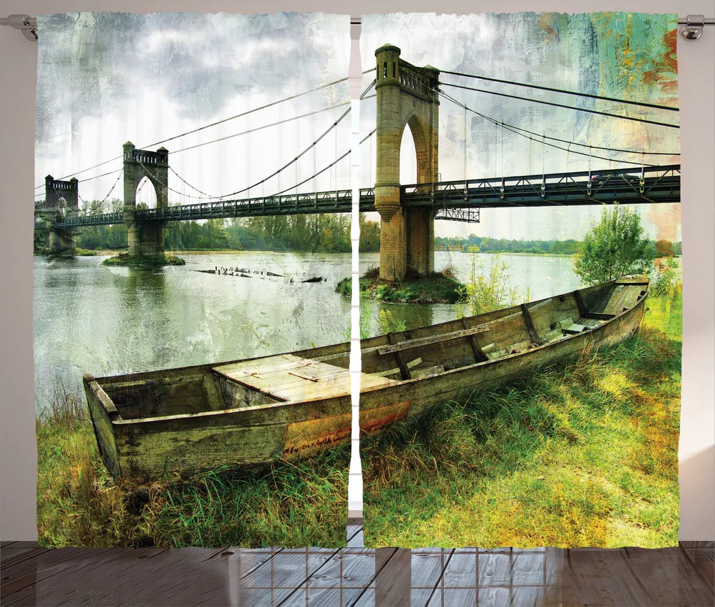 Rideau Décoratif pour Grand Salon Motif Vieux Bateau et Pont en Bois