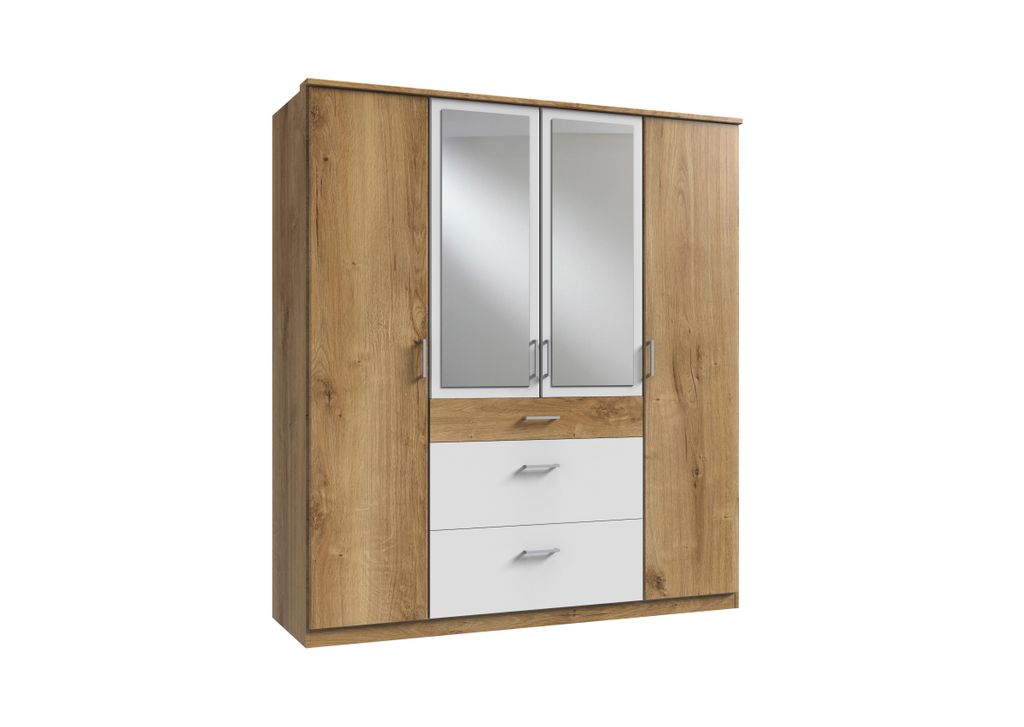 Kleiderschrank Click in Plankeneiche mit Weiß - Kleiderschrank 179 cm Breite mit Spiegel