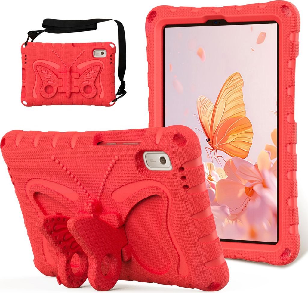 Kinder Hülle für Lenovo Tab M9 2023 TB-310FU 9,0" Leicht Stoßfeste EVA Kindgerechtes Schutzhülle mit Schultergurt, Schmetterlings-Ständer Rot