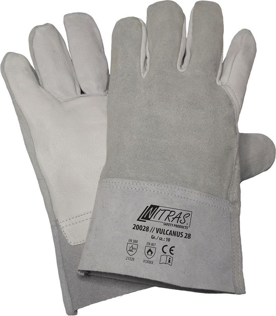 NITRAS VULCANUS 28, Lederhandschuhe, Vollleder und Spaltleder kombiniert, grau (Farbcode: 1200), Spaltlederstulpe, Länge 28 cm, Schutz gegen Konta...