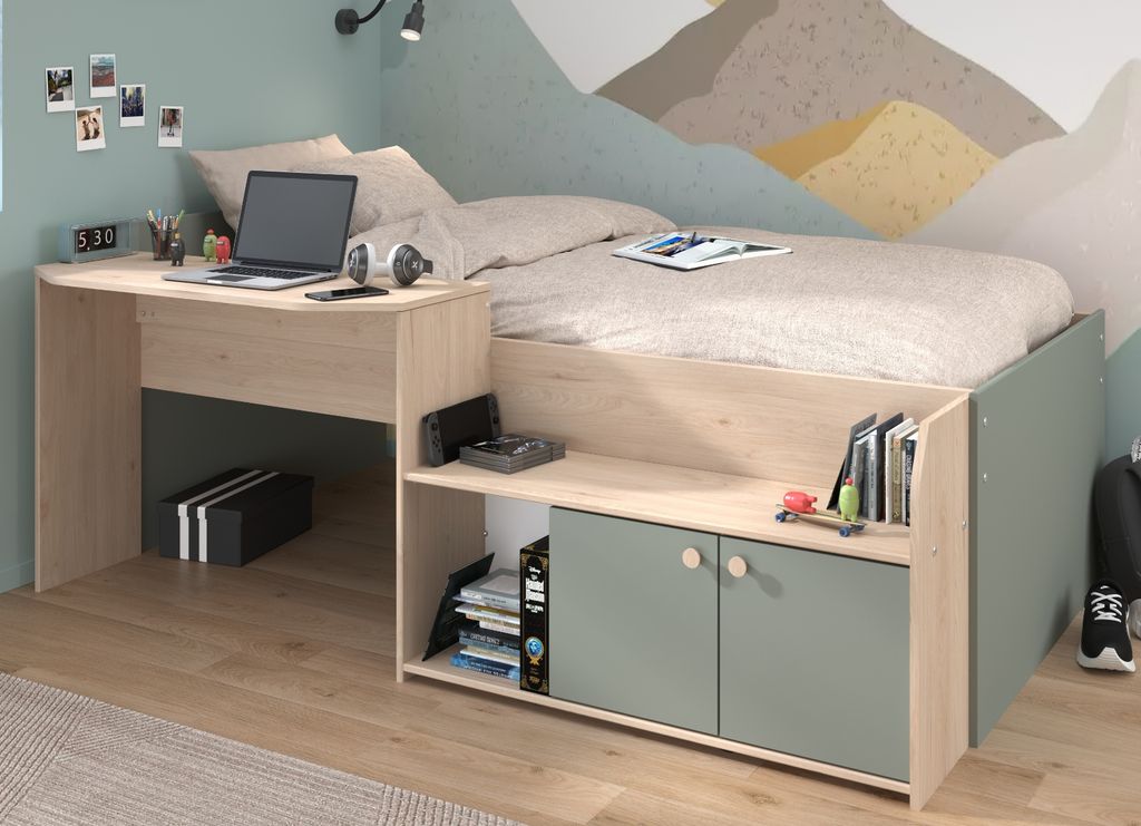 A child's bedroom with a loft bed and desk combination.