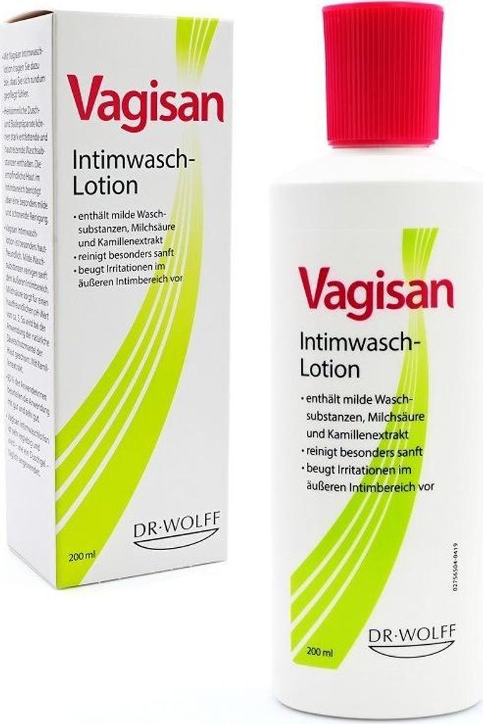 A product shot of a bottle and its packaging for Vagisan Intimwaschlotion.