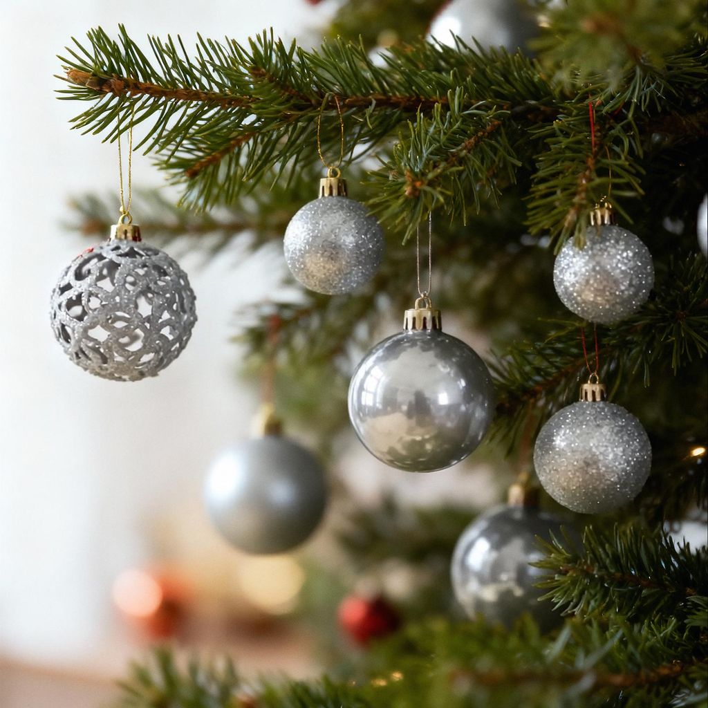 Weihnachtskugelset mit Christbaumspitze - Silberne Weihnachtsdekoration - Mix aus glänzendem Matt und Glitter - Kunststoff unzerbrechlich - Für C...