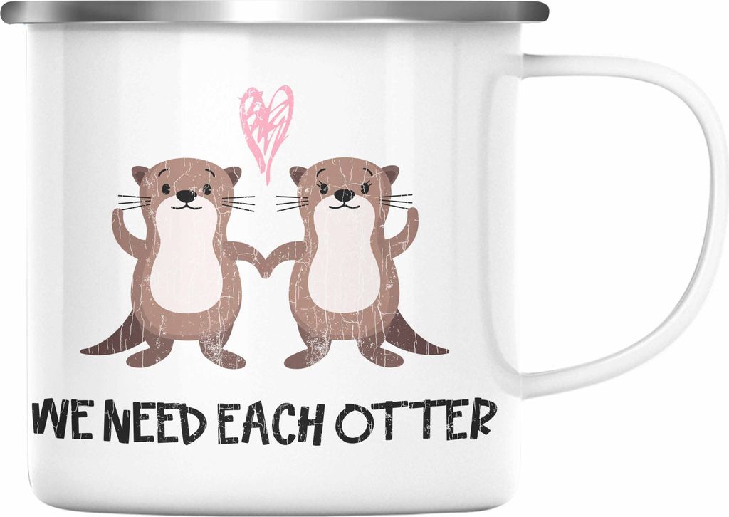 Trendation - Valentinstag Emaille Tasse Geschenk für Ihn Sie Lustig We Need Each Otter Geschenkidee Becher Freund Freundin Liebe Paare (Silber)