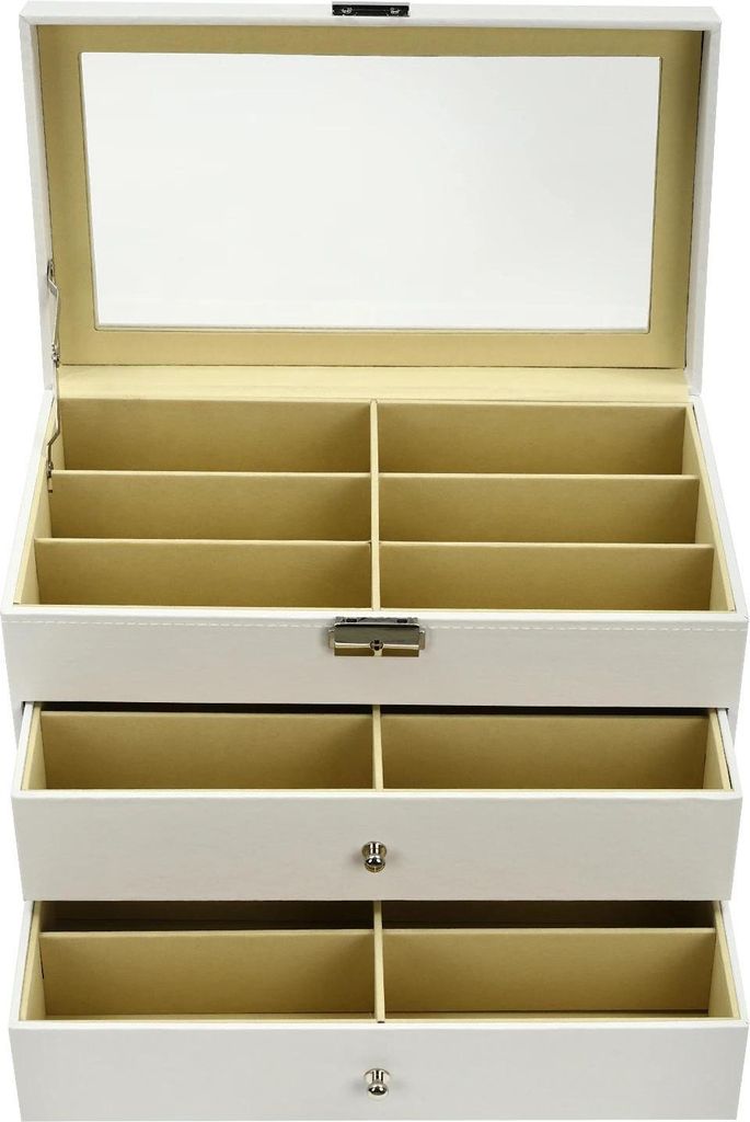 Brillen Organizer - Aufbewahrungs- & Displaybox - 18 Fächer - Mit Schublade - Kunstleder & Glasdeckel - 33,5×19×22,5 cm - Weiß