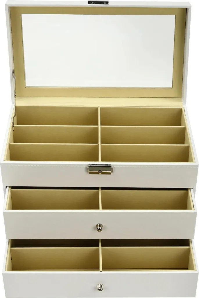 Coffret lunettes blanc en cuir PU avec 18 emplacements et verrou de sécurité