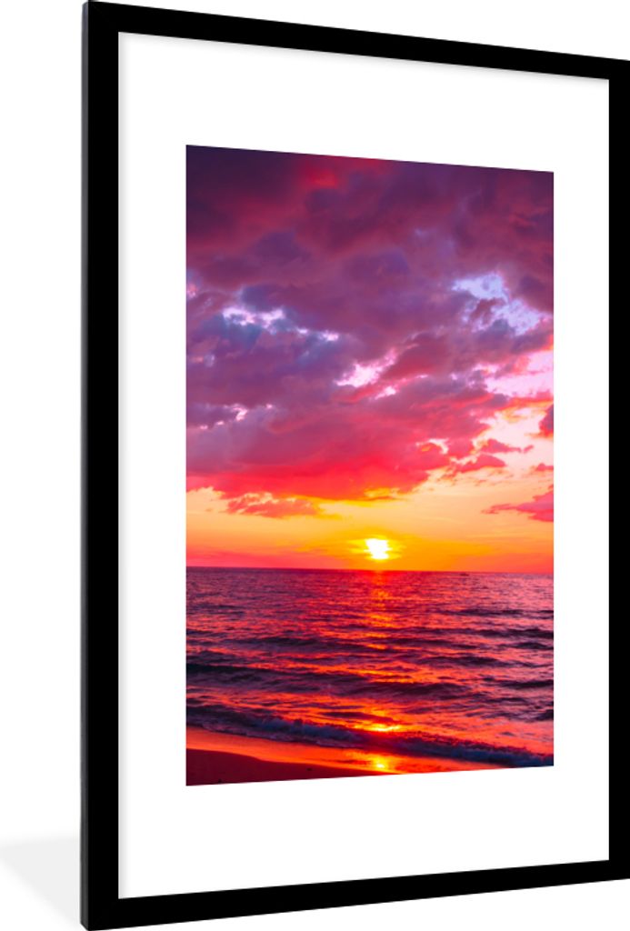 MuchoWow Gerahmtes Poster Sonne - Horizont - Rosa - Palme - Meer 60x90 cm - Poster mit Schwarzem Bilderrahmen Wandposter Rahmen Foto Bilder - Dek...