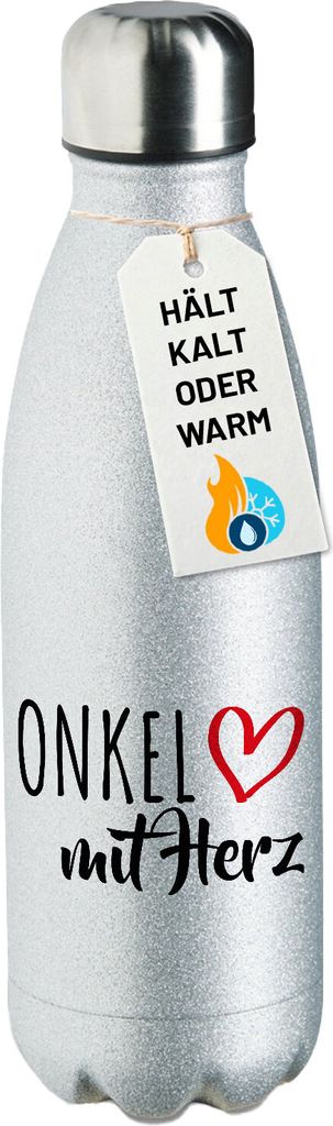 Huuraa Trinkflasche Onkel mit Herz 500ml Silver Edelstahl Wasserflasche Trinkflasche Geschenkidee