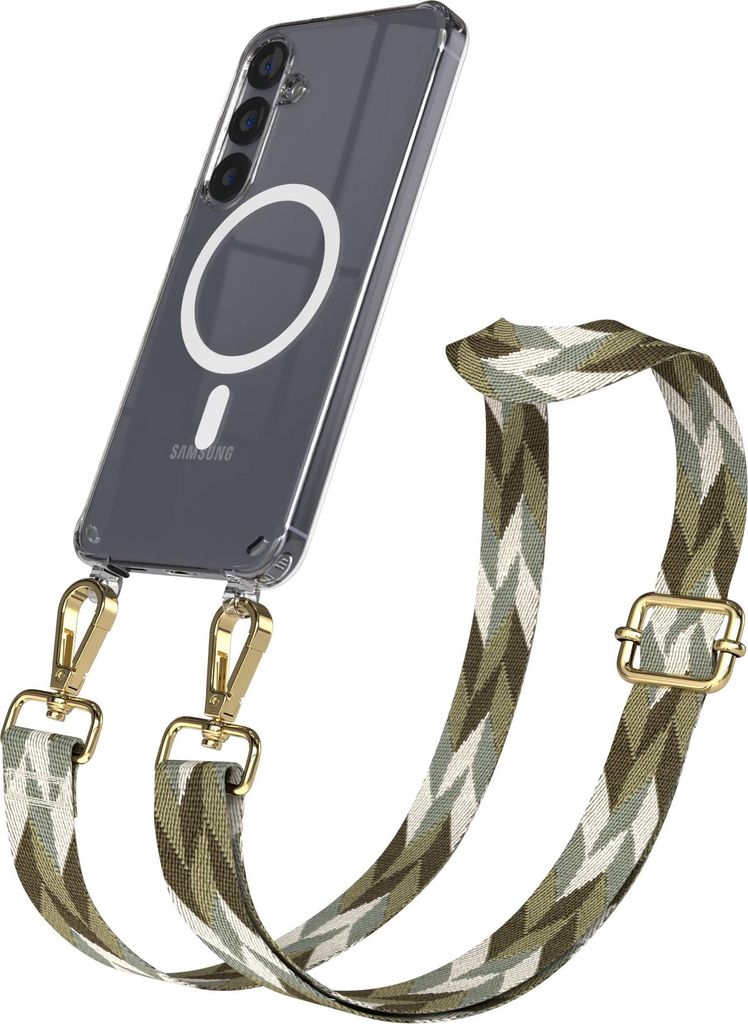 EAZY CASE - Handykette mit MagSafe Hülle für Samsung Galaxy S25 Plus, Handyband Mix Style, Karabiner Gold, Umhängeband in Grün