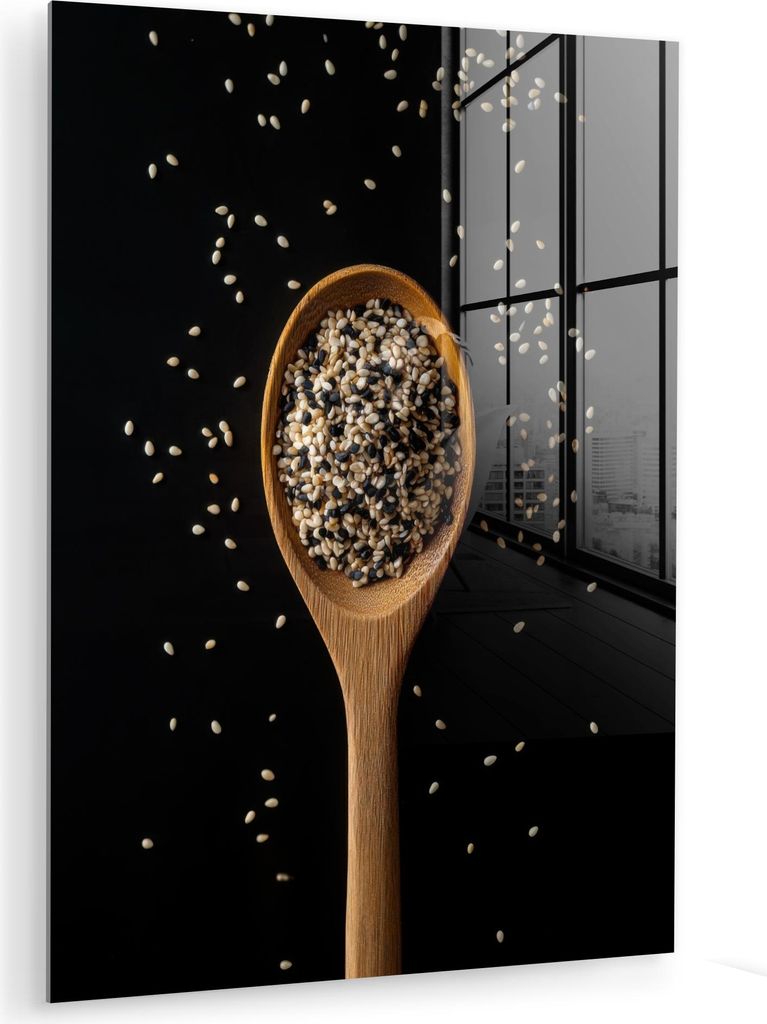 MuchoWow Glasbilder - Bilder auf Wandbild - Foto auf Glas Sesam - Löffel - Schwarz 60x80 cm Wanddekoration aus Glas - Acrylglasbild - Acrylbilder ...