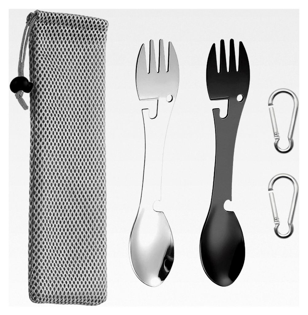 2 Stück Edelstahl Multifunktionsgabel und Löffel mit Dosenöffner, 2 Karabiner und 1 Aufbewahrungstasche, Integriertes Besteck, Geeignet für Out...