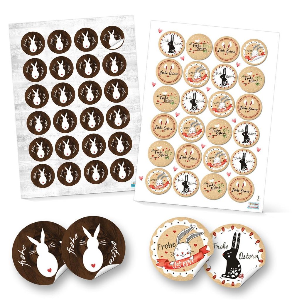 SET 96 Frohe Ostern Aufkleber Osterhase Osterdeko bunt Osteretiketten rund Verpackung Kindergeschenke Geschenke Give-Away braun beige weiß rot