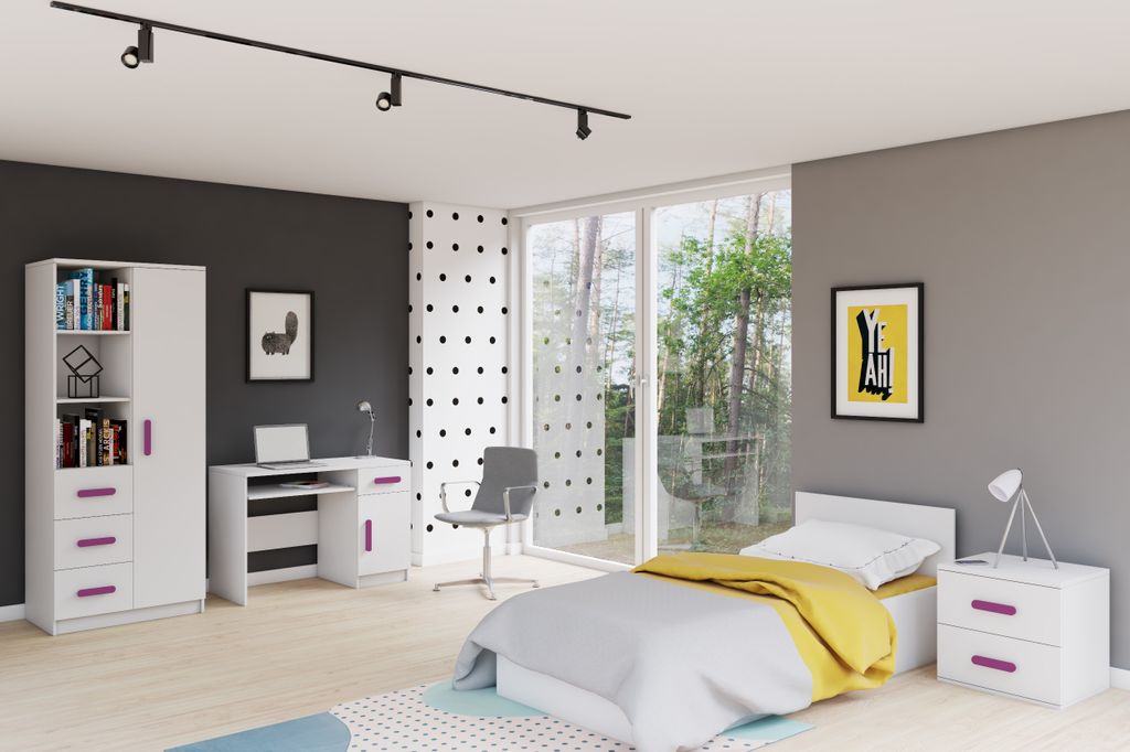 Kinderzimmer-Set Bett, Nachttisch, Schrankregal, Schreibtisch mit Erikafarbiegen Griffen Weiß/Weiß ohne Matratze JONAS I 01