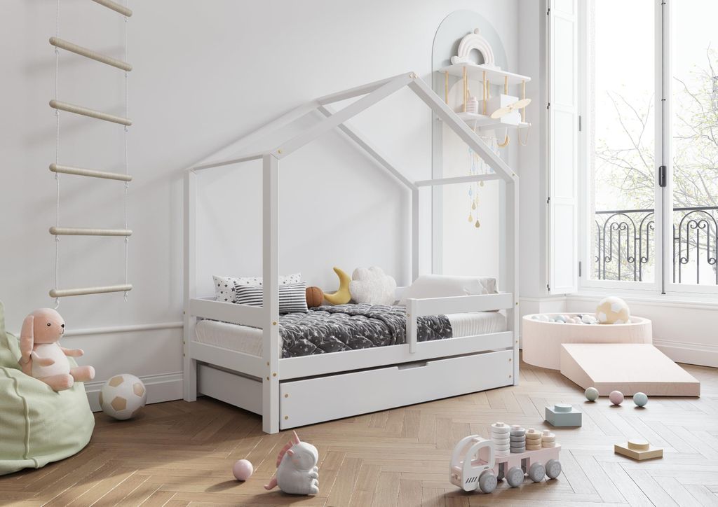 TIMBEE HUFIE Box Hausbett Kinderbett Holz Kinderzimmer Bett - Weiß - 70x140cm