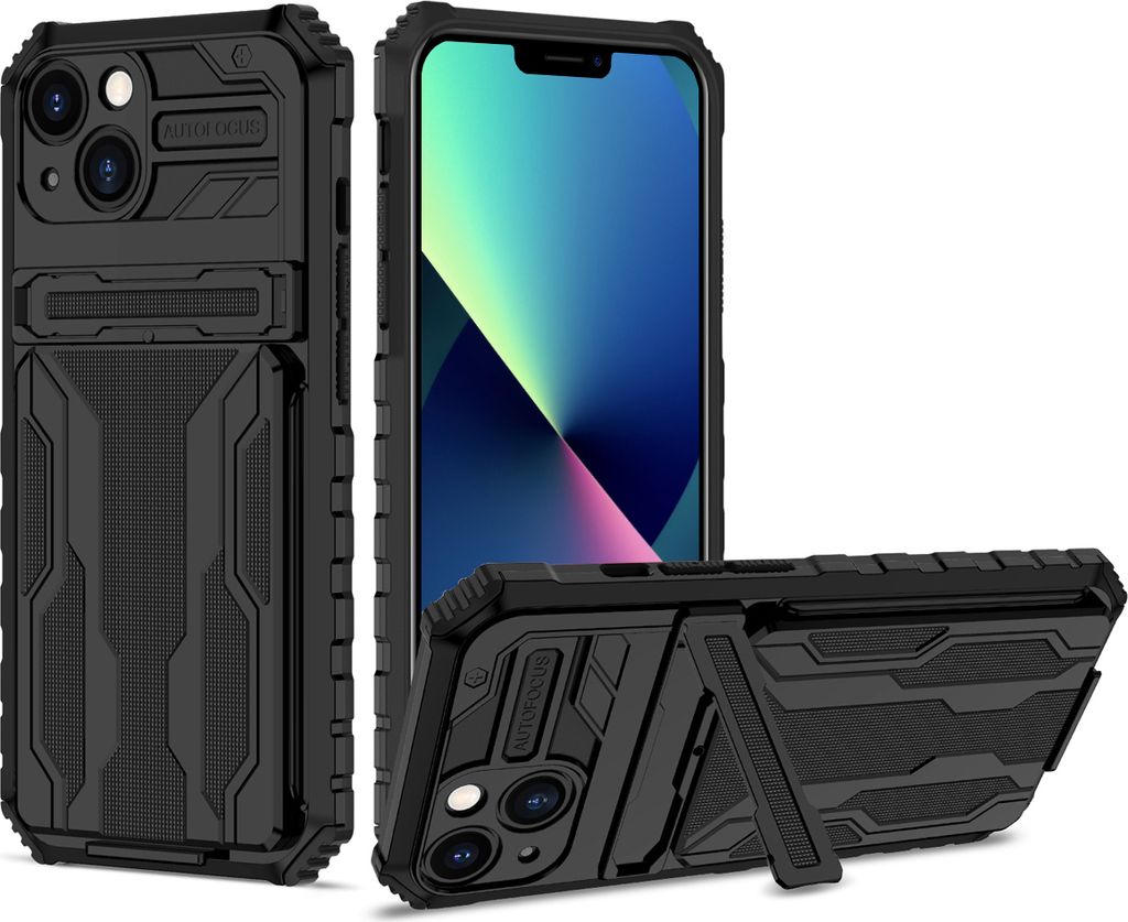iPhone 13 Hülle, Hybrid Robust Schutz Stoßfest Schutzhülle mit Kartenhalter Ständer für iPhone 13 Schwarz
