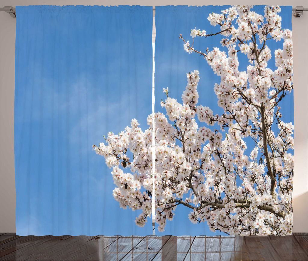 ABAKUHAUS Mandelblüte Rustikaler Gardine, Botanik-Garten-Kunst, Schlafzimmer Kräuselband Vorhang mit Schlaufen und Haken, 280 x 175 cm, Weiß Bla...