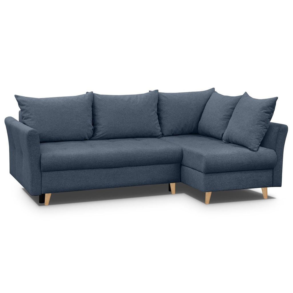 Ecksofa NERON - Couch L-form mit Schlaffunktion & 2x Bettkasten, Eckseite rechts, Dunkelblau, Buche-Füße