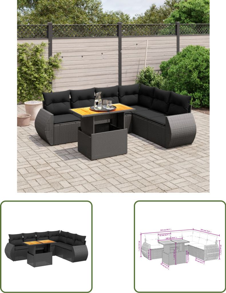 The Living Store 7-tlg. Garten-Sofagarnitur mit Kissen Schwarz Poly Rattan