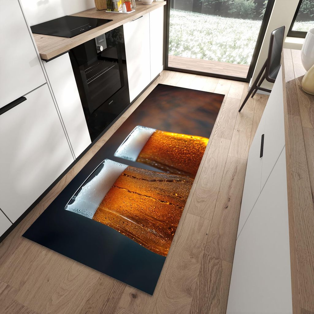 Küchenteppich 90x240cm rutschfest & abwischbar PVC Läufer - Zwei Biergläser Holz
