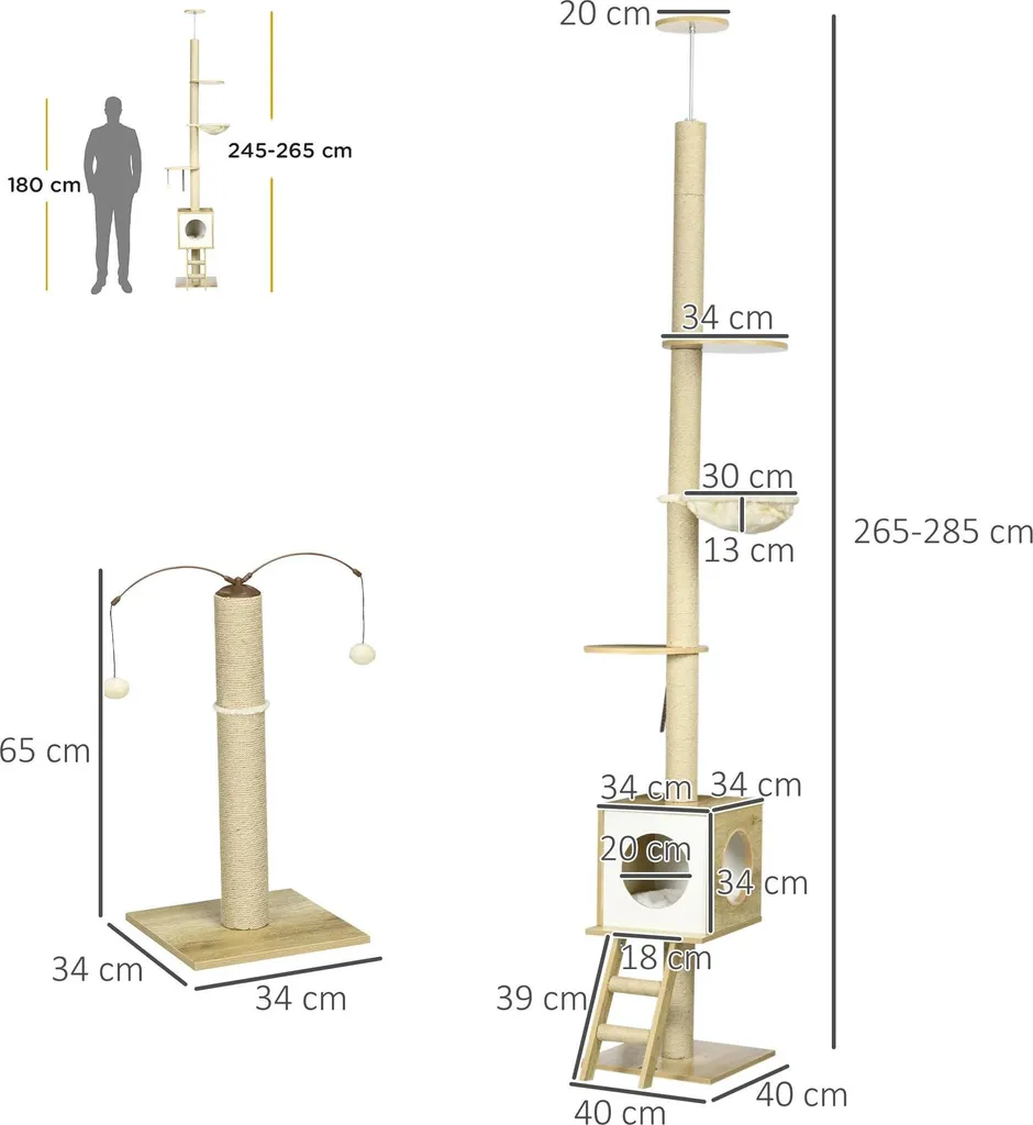 Arbre à chat stable sans percer - Solution griffes canapé - 285 cm haut - 3