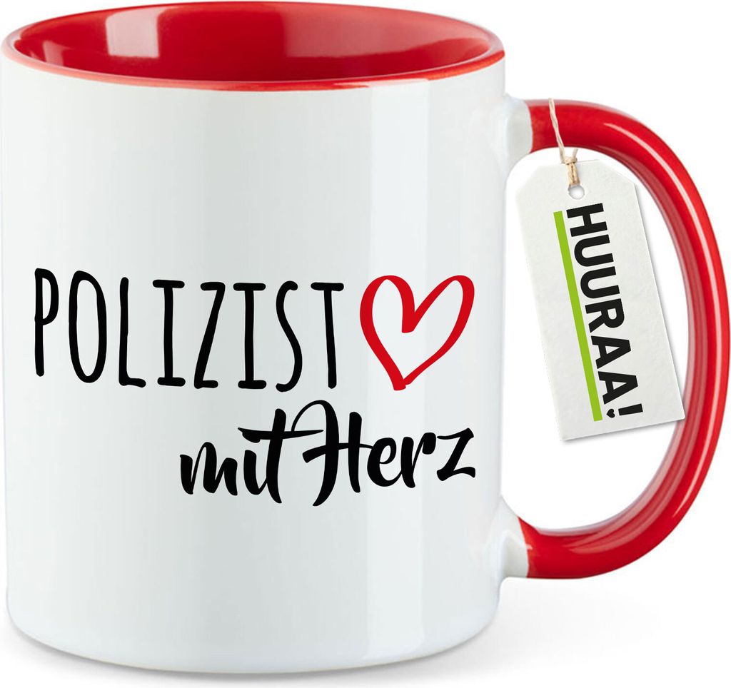 Huuraa Kaffeetasse Polizist mit Herz 330ml Rot Keramik Kaffeebecher Geschenkidee