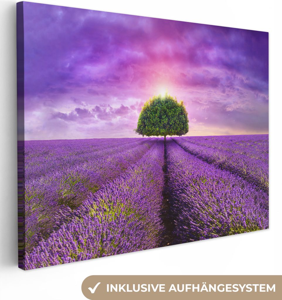 MuchoWow - Leinwandbilder - Lavendel - Baum - Lila - Wolken, Wandbild, Wanddeko Bilder Wohnzimmer, 120x90 cm