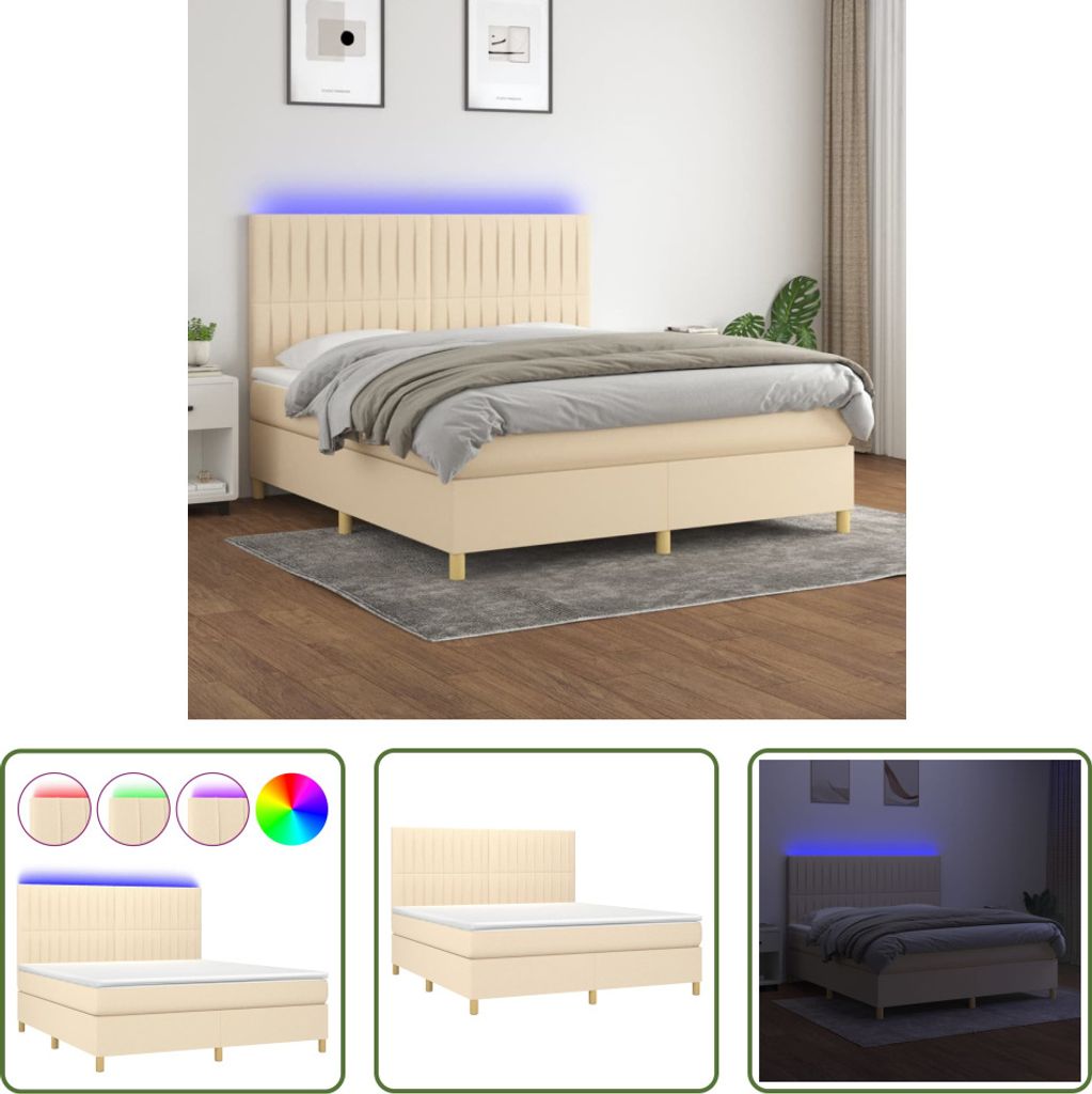 The Living Store Boxspringbett mit Matratze & LED Creme 160x200 cm Stoff
