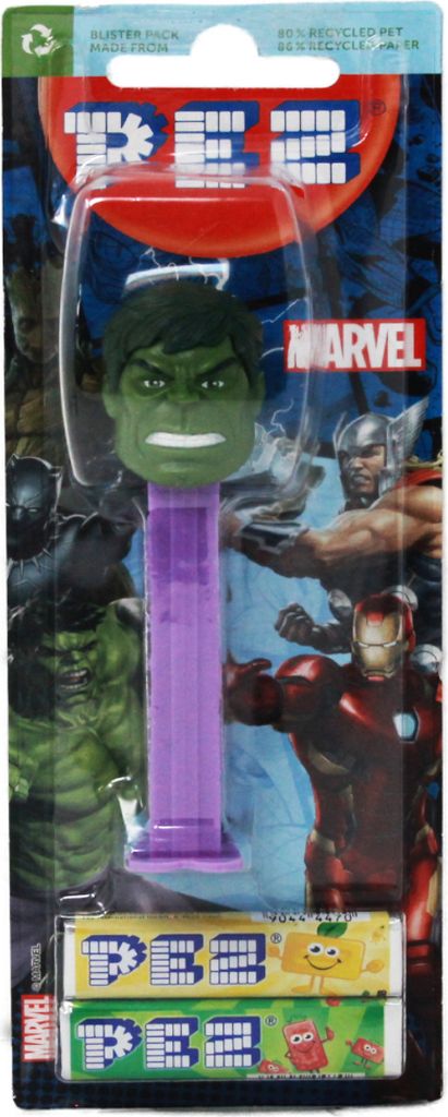 PEZ Hulk Figur mit lila Spender und zwei Päckchen Bonbons Produktbild 