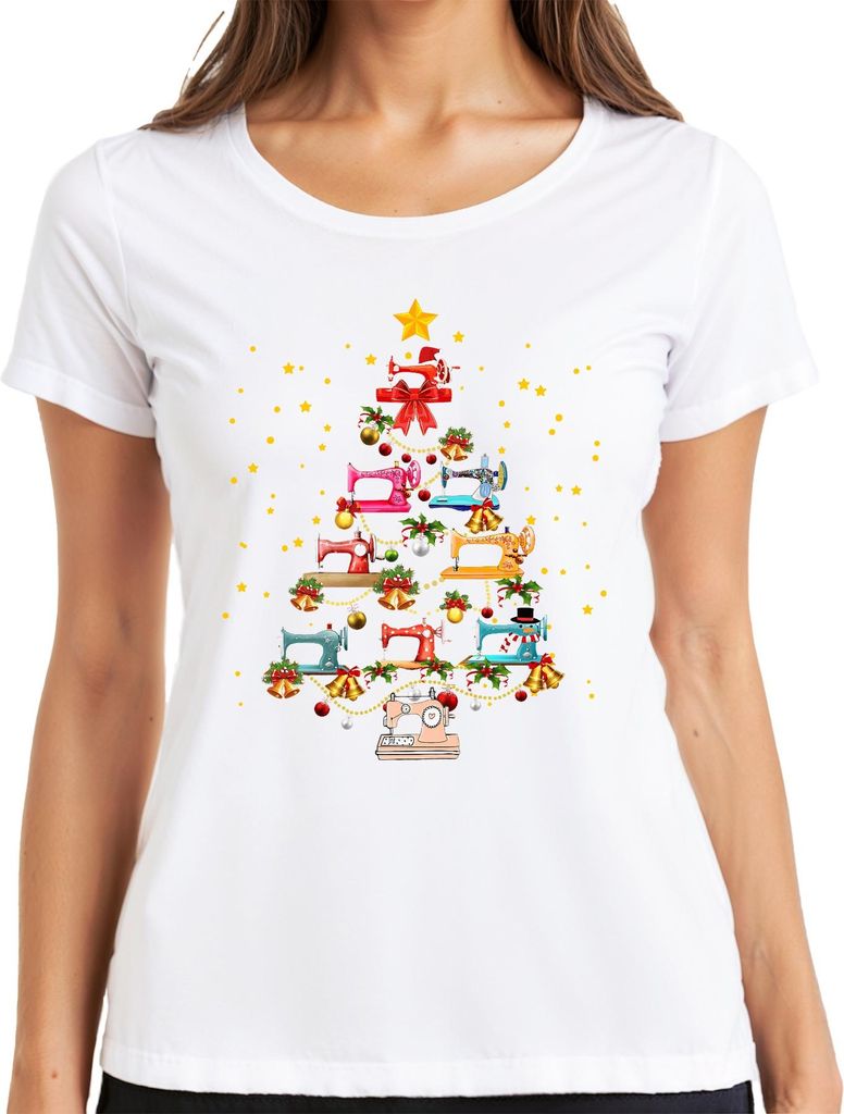 Nähmaschine Weihnachten Tannenbaum Schneeflocken Handwerk Geschenk Damen T-Shirt, Weiß, XXL