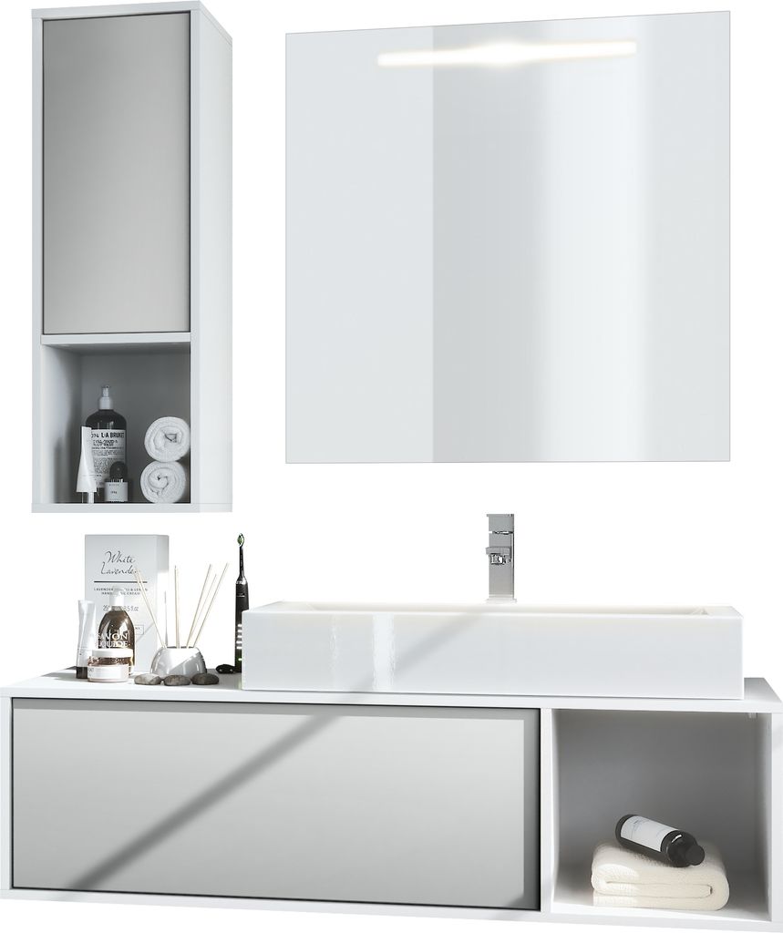 Vladon Badmöbel Komplettset La Costa, Germany, Korpus in Weiß matt / Fronten in Hellgrau seidenmatt, mit Aufsatzwaschbecken, Armatur und LED Spiegel