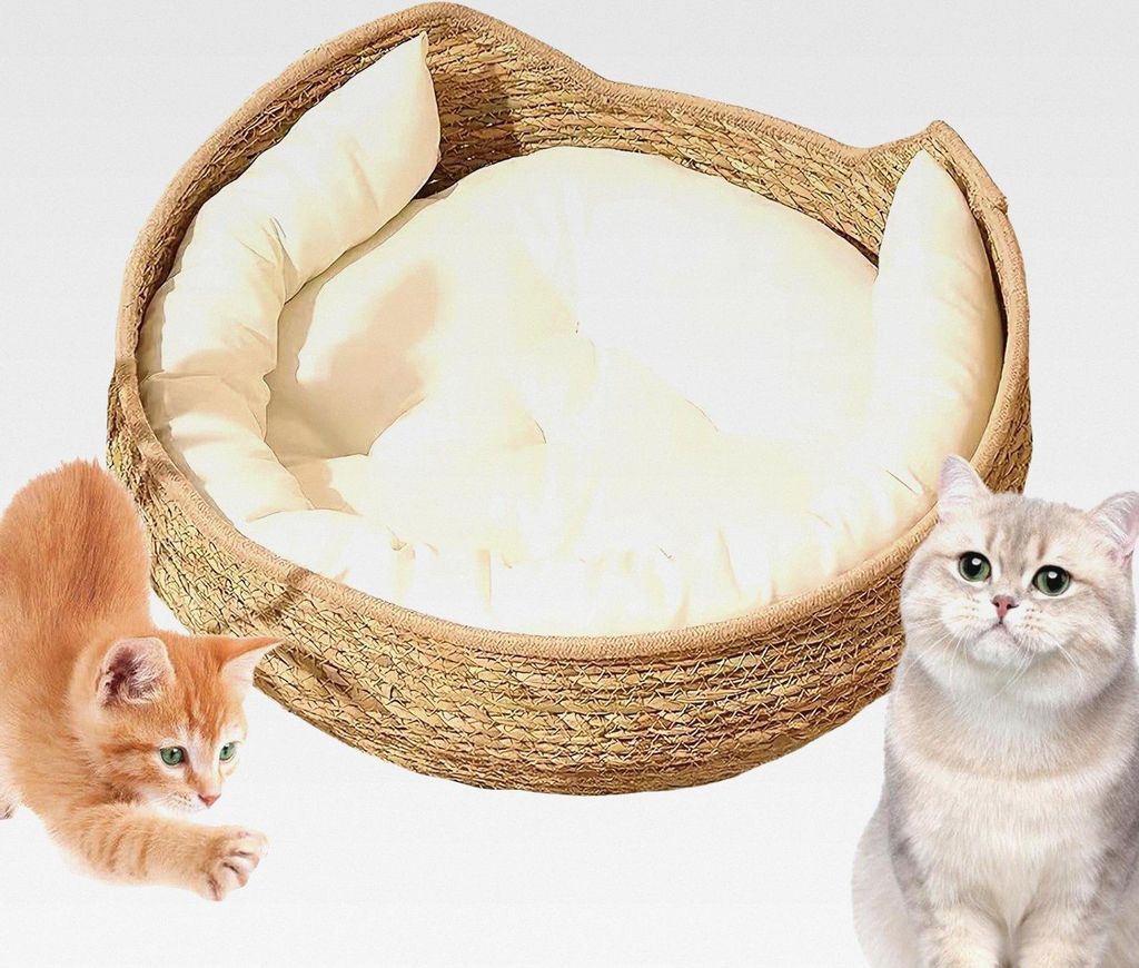 Katzenkorb,Baumwollseil Rundbett für Katzen Schlafen mit Kissen - Ganzjahres Komfort Weich Gemütliches Ruhemöbel,Für Alle Rassen Kätzchen Hund