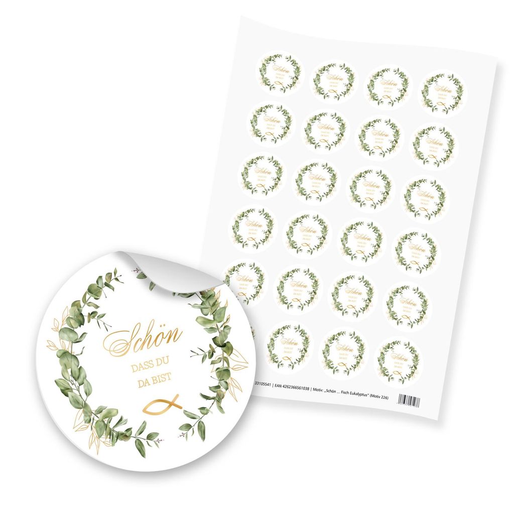 itenga 24x Sticker Schön dass du da bist FISCH Eukalyptus (Motiv 226) 4cm
