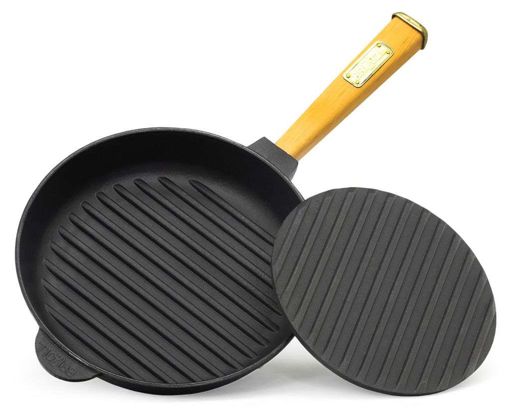 Ø28cm Grillpfanne Gusseisen mit Pressdeckel Induktion Holzgriff Bratpfanne Pfanne Feuerpfanne