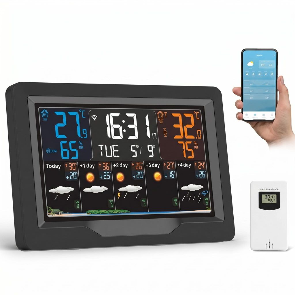 Wlan Wetterstation Funk mit Außensensor, Wifi Funkwetterstation mit APP, 5-Tage Wettervorhersage,Temperatur,Luftfeuchtigkeit,UV-Index,Uhrzeit