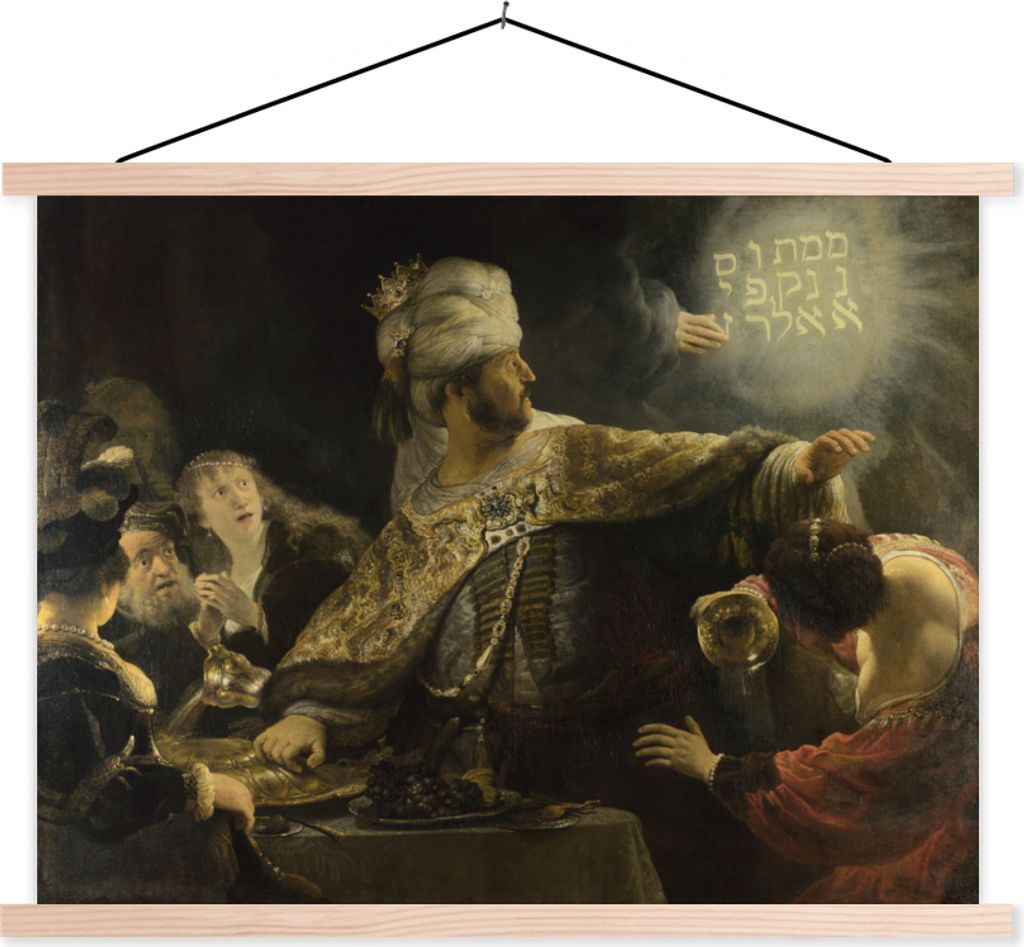 MuchoWow Textilposter Das Festmahl des Belsazar - Rembrandt van Rijn 120x90 cm mit holzfarbenen Rahmen - Magnetisch