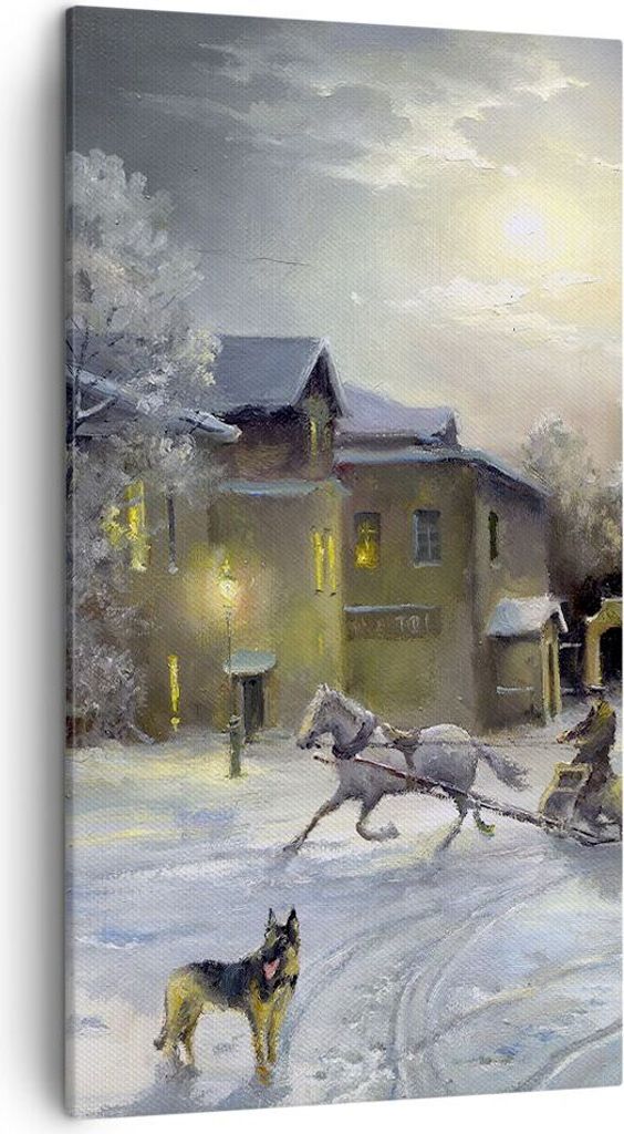 Bild auf Leinwand - Leinwandbild - Dorf Schlitten Schnee - 45x80cm - Wand Bild - Wanddeko - Leinwanddruck - Bilder - Kunstdruck - Wanddekoration - ...
