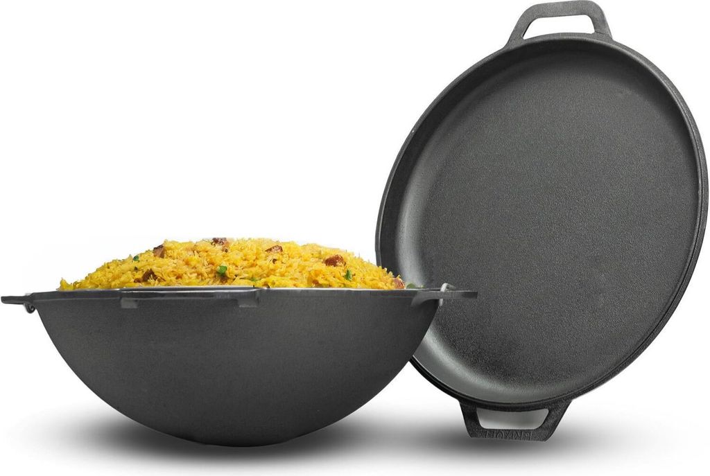 10L Gusseisen Schwenktopf Kazan Asia Kasan mit Deckel-Bratpfanne aus Gusseisen Grillwok Wokpfanne Grill Cast Iron Campingtopf Kessel Wok Traditione...