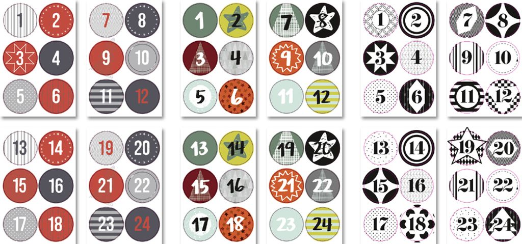 A collage of multiple sheets of round stickers with numbers for an advent calendar.