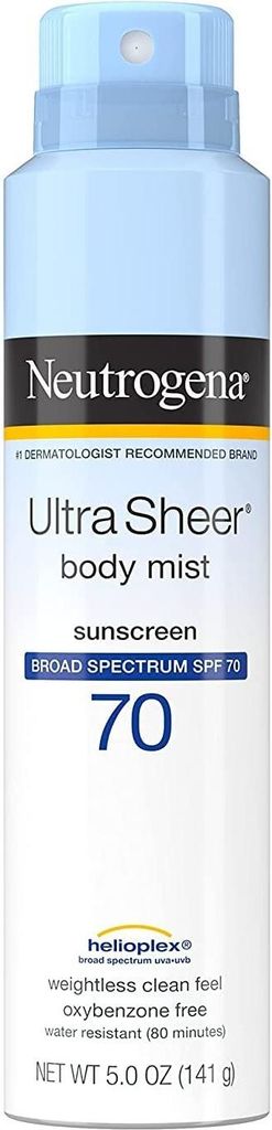 Sonnenschutzspray, Neutrogena, Ultra Sheer Body Mist, gegen UVA und UVB, wasserbeständig, leicht aufzutragen, nicht fettende Formel, SPF 70, 141gr