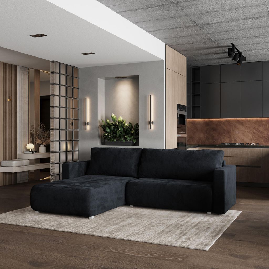 Masseno Ecksofa BRISO M mit Schlaffunktion L-Form, Sofa mit Bettkasten, Wohnzimmersofa, Couch, Soffa, Bettsofa, Couchgarnitur- Schwarz, MONOLITH 95