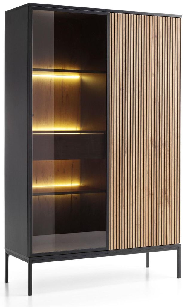 A modern display cabinet with glass doors and wooden slats.