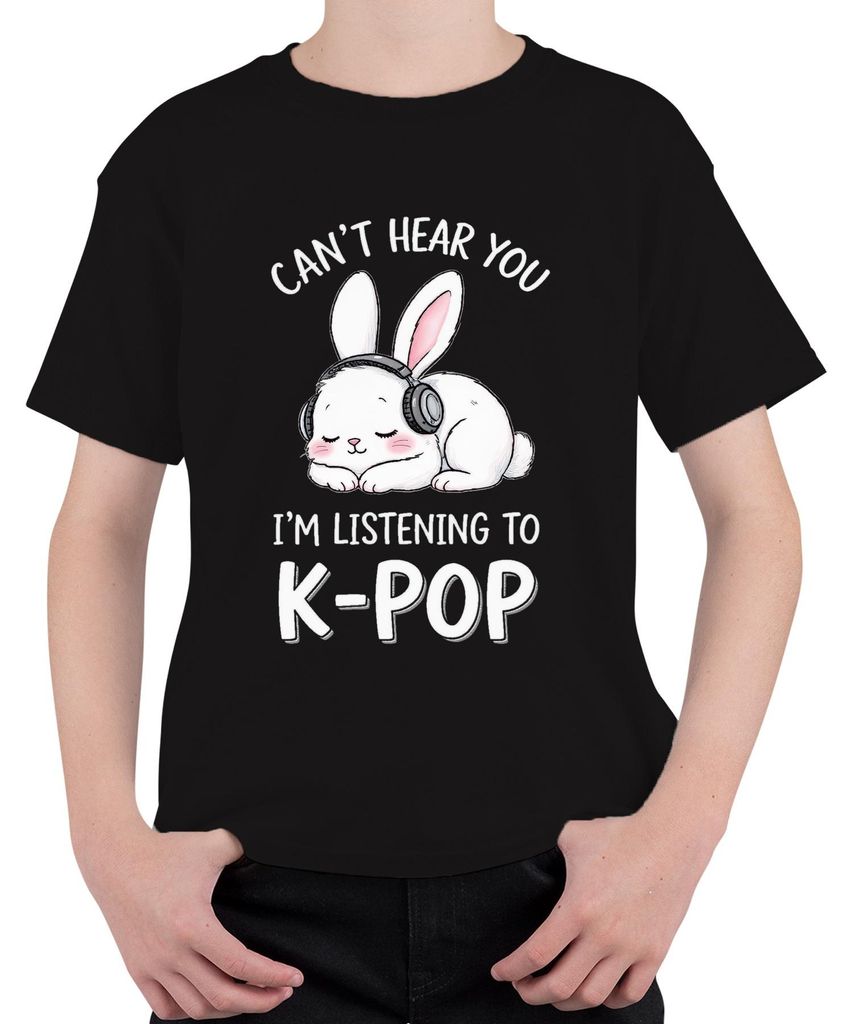 I'm listening to K-Pop Bunny Kopfhörer Kawaii Korea Fan Geschenk Uni Kinder T-Shirt, Schwarz, 116
